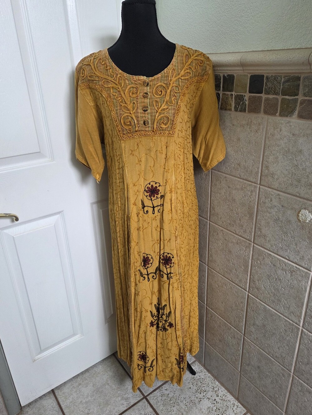 Vintage Mustard Embroidered Plaid Maxi Dress With A Belt In Back Bohemian